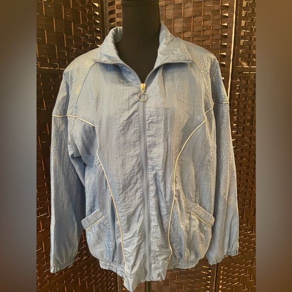 Vintage Women’s 90s windbreaker - Light Blue with Silver Accents - Picture 1 of 7